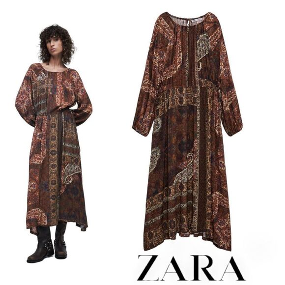 ZARA | Brown | PRINTED MIDI DRESS - Picture 1 of 15